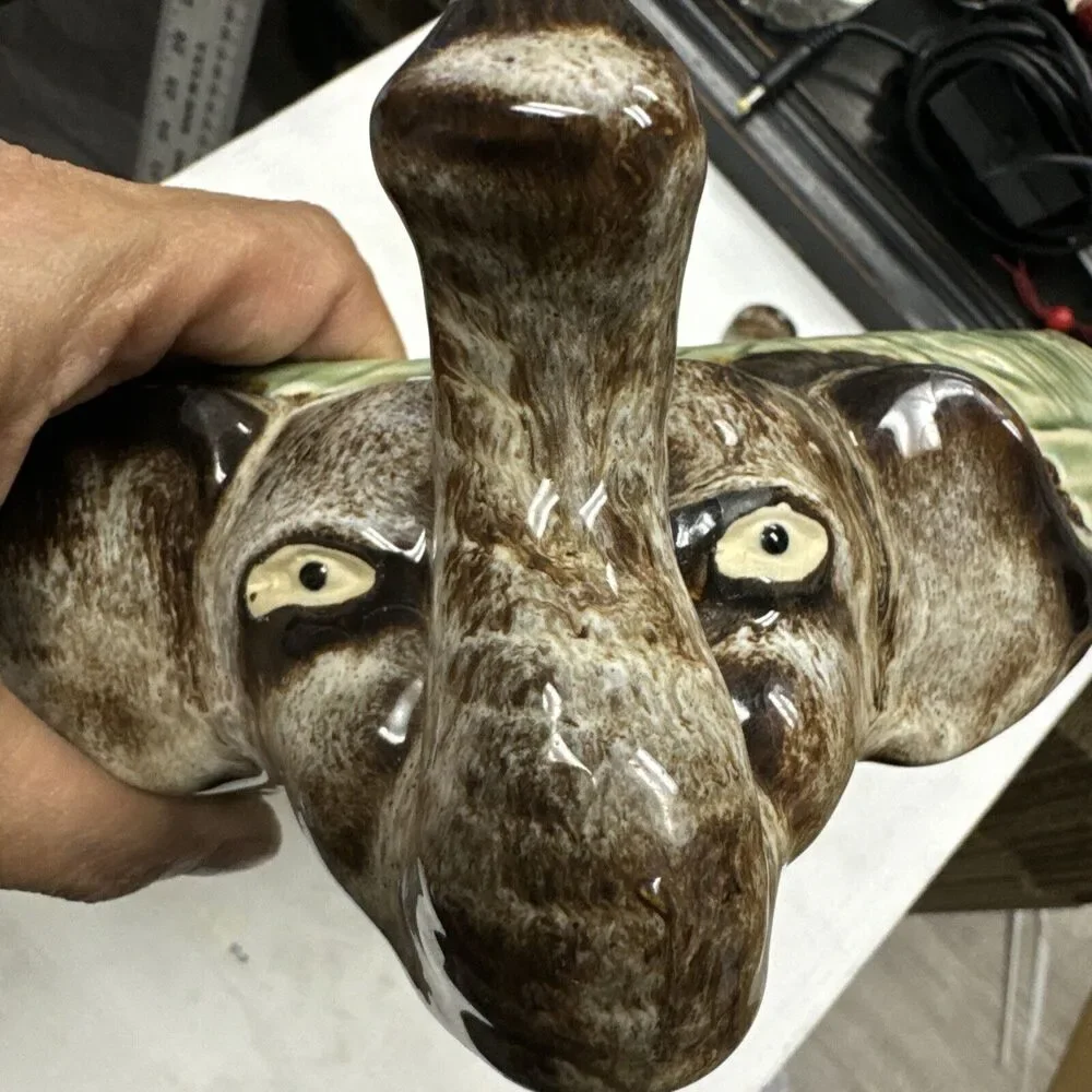 Vintage Elephant Heads Ceramic Planter Green Trunk‎ Up Roughly 10-13” x 4”